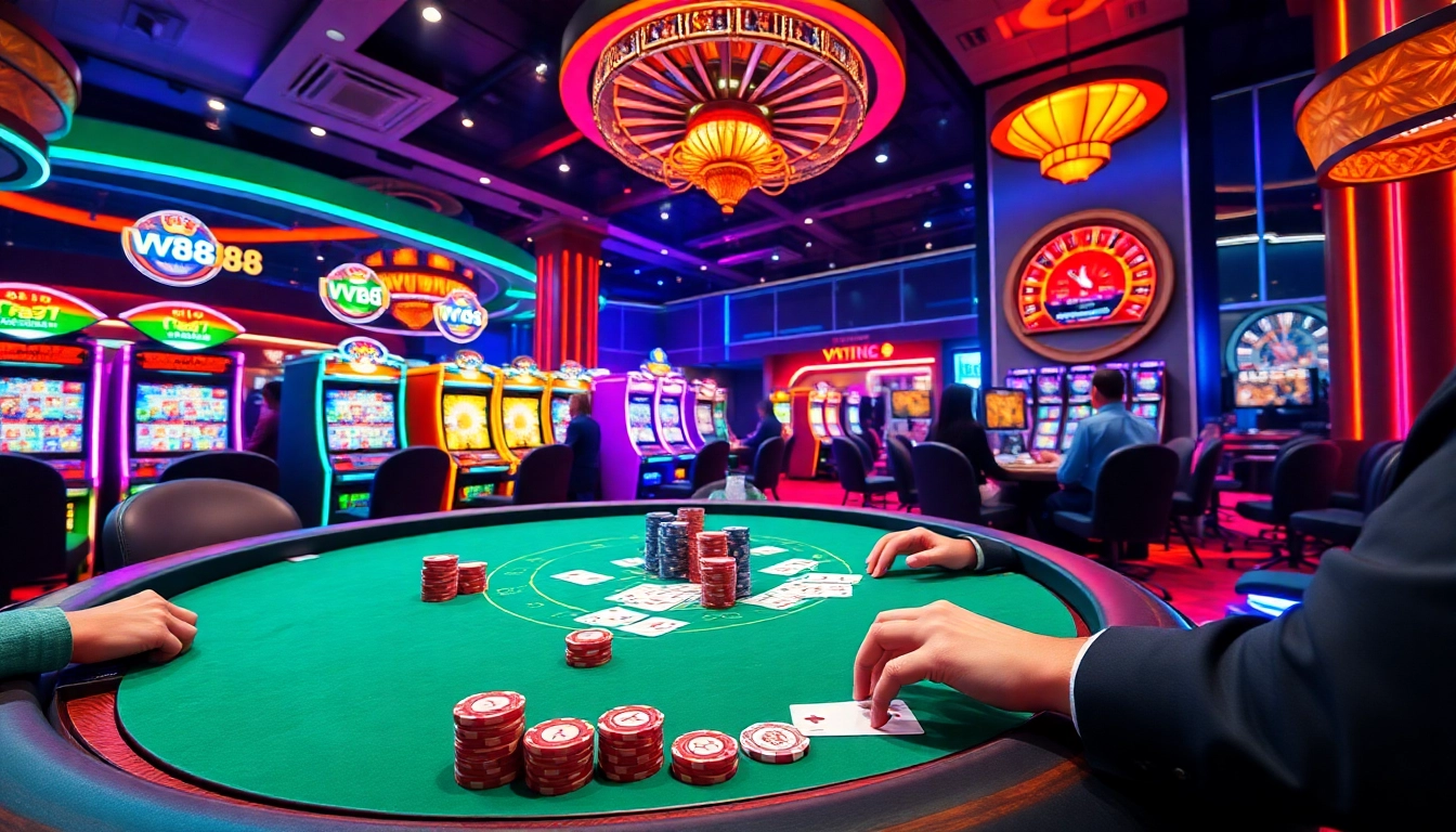 Engaging casino scene highlighting vt88 with dynamic poker gameplay and vibrant slot machines.