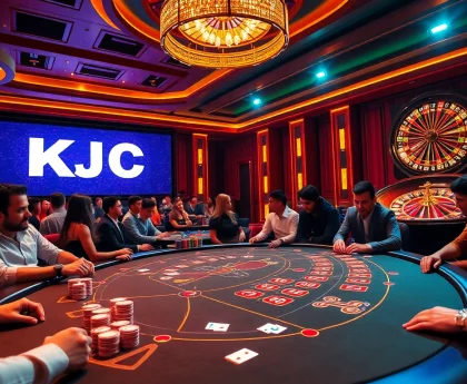 Exciting gaming action at KJC casino with vibrant poker table and roulette wheel.