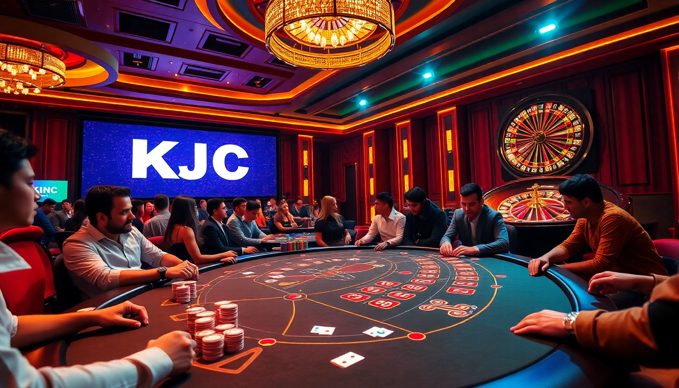 Exciting gaming action at KJC casino with vibrant poker table and roulette wheel.