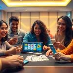 Yono Rummy players enjoying a lively game, showcasing vibrant cards and digital devices.