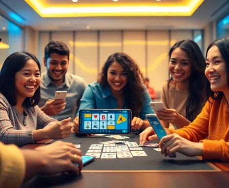 Yono Rummy players enjoying a lively game, showcasing vibrant cards and digital devices.