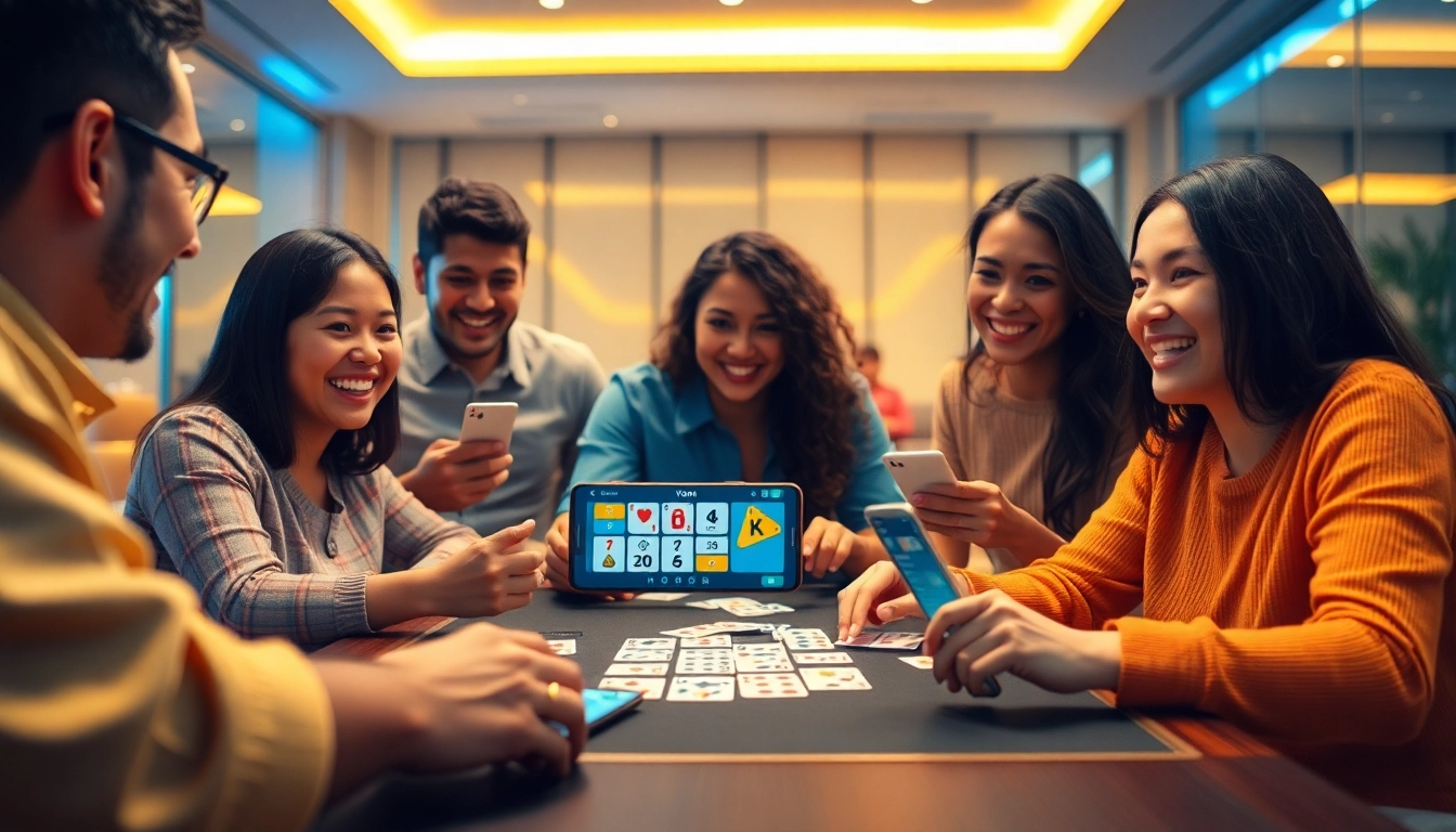 Yono Rummy players enjoying a lively game, showcasing vibrant cards and digital devices.