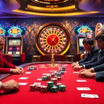 High-stakes poker action at http://dolaris.ru.com/ with colorful chips and intense players.