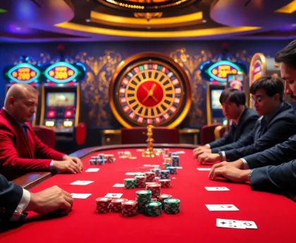 High-stakes poker action at http://dolaris.ru.com/ with colorful chips and intense players.