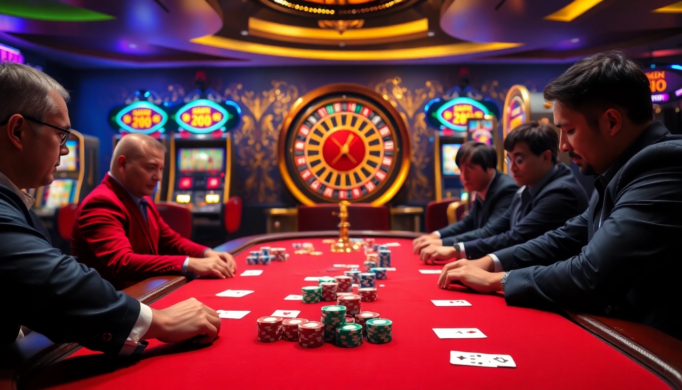 High-stakes poker action at http://dolaris.ru.com/ with colorful chips and intense players.