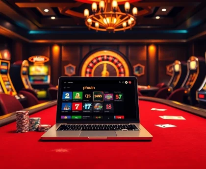 Experience thrilling gaming with phwin at an opulent online casino featuring poker and slot machines.