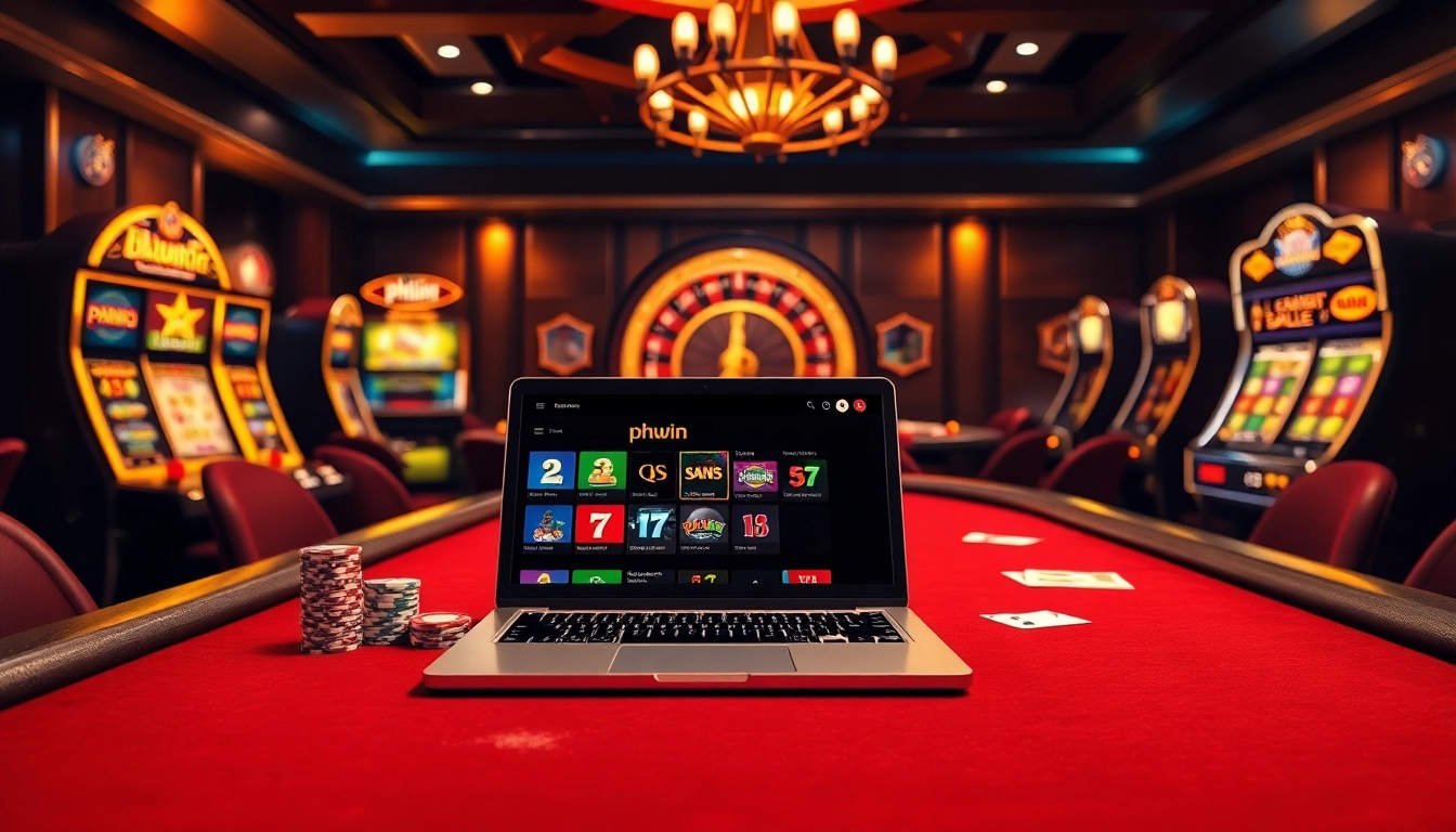 Experience thrilling gaming with phwin at an opulent online casino featuring poker and slot machines.