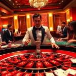 Experience thrilling gameplay at juragan77 in a luxurious casino setting with vibrant roulette and poker.