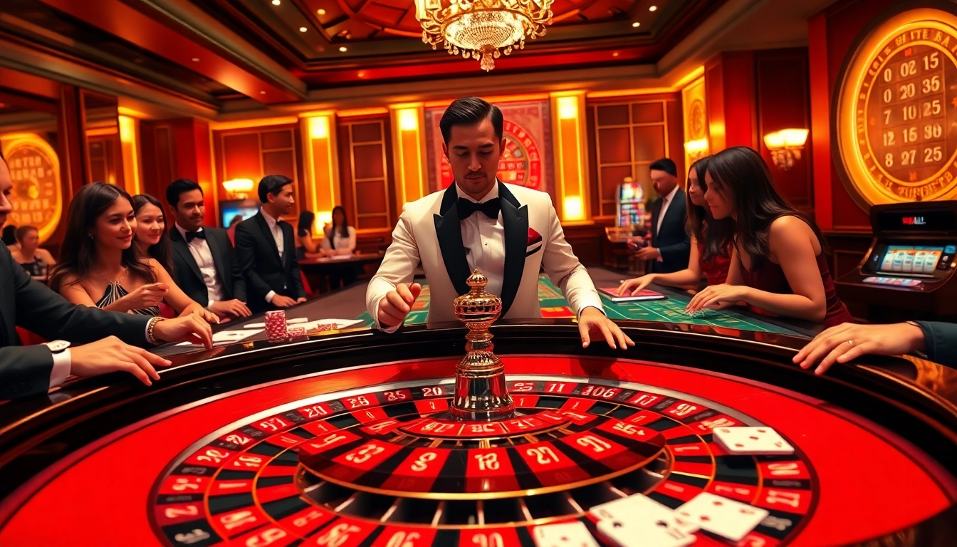 Experience thrilling gameplay at juragan77 in a luxurious casino setting with vibrant roulette and poker.