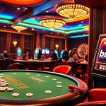 Players enjoying a thrilling night at the casino with boosterjp slot machines and poker tables.