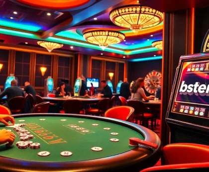Players enjoying a thrilling night at the casino with boosterjp slot machines and poker tables.