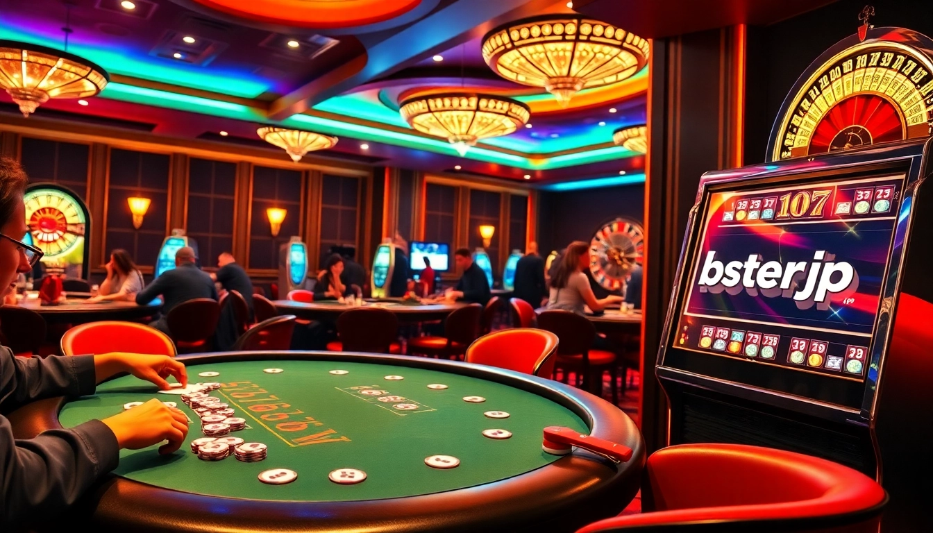 Players enjoying a thrilling night at the casino with boosterjp slot machines and poker tables.