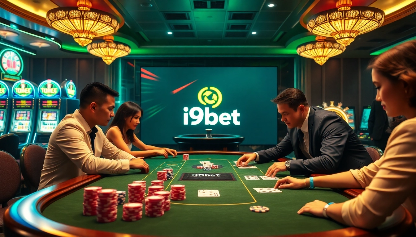Experience high-stakes poker action at i9bet in a luxurious casino setting with vibrant colors.