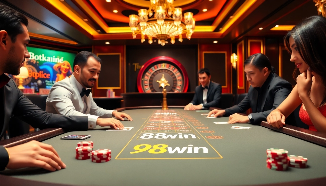 Intense blackjack game at 98win’s luxurious casino table with vibrant chips and cards.