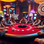 Experience thrilling action at king33 poker table surrounded by eager gamblers and vibrant casino aesthetics.