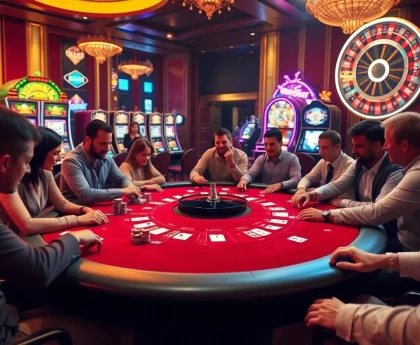 Experience thrilling action at king33 poker table surrounded by eager gamblers and vibrant casino aesthetics.