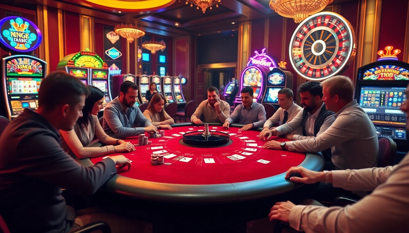 Experience thrilling action at king33 poker table surrounded by eager gamblers and vibrant casino aesthetics.