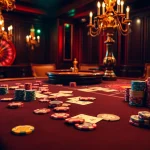 Engage in poker strategies with colorful chips and cards showcased in a luxurious casino.