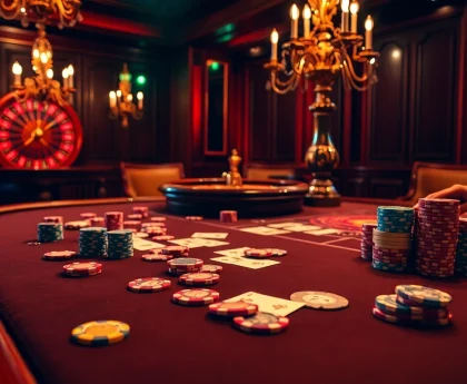 Engage in poker strategies with colorful chips and cards showcased in a luxurious casino.