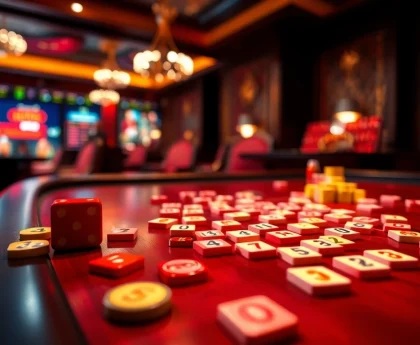 משחק רמיקוב אונליין בהגדרה לקזינו מקוון מתוחכם עם אריחים וצ'יפים צבעוניים.