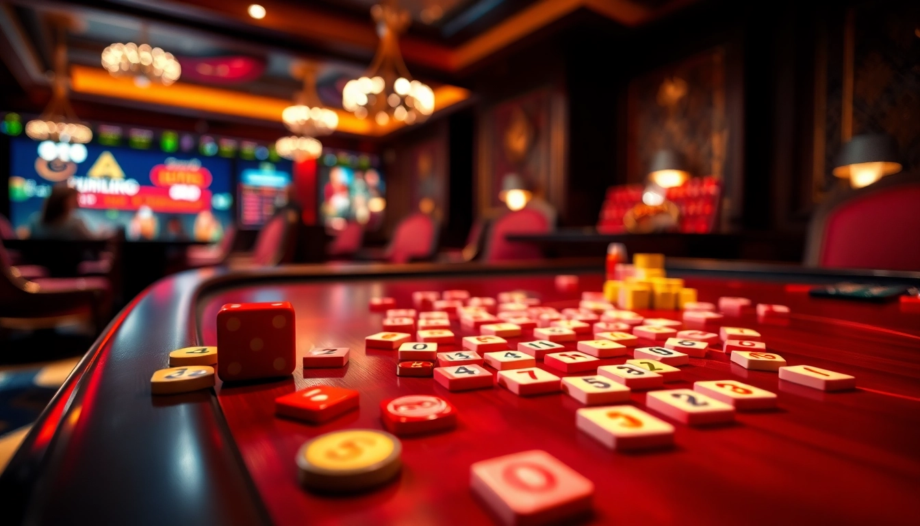 משחק רמיקוב אונליין בהגדרה לקזינו מקוון מתוחכם עם אריחים וצ'יפים צבעוניים.