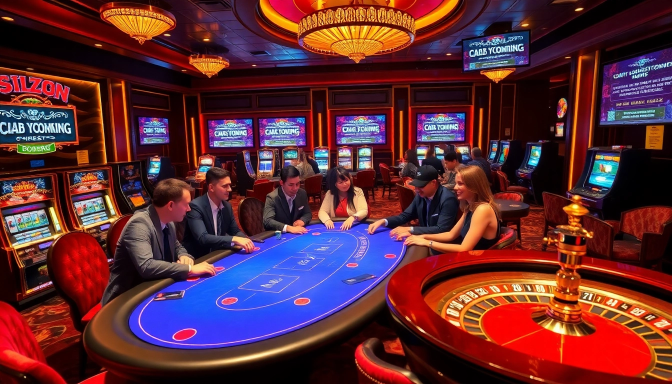 The hidden wiki concept illustrated through an exciting casino scene filled with players at a poker table and engaging slot machines.