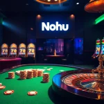 Experience the excitement of gambling at Nohu with vibrant poker chips and a sparkling roulette wheel.