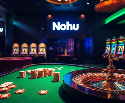 Experience the excitement of gambling at Nohu with vibrant poker chips and a sparkling roulette wheel.