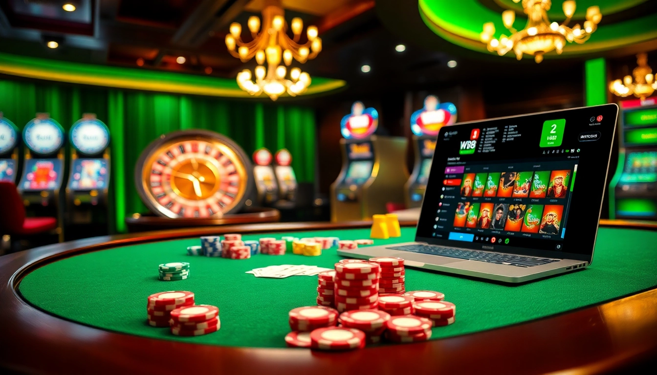 Engaging scene of WW88 casino featuring poker chips, roulette wheel, and online gaming interface.