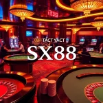 SX88 yacht digital display amidst an upscale casino environment filled with vibrant gaming tables.