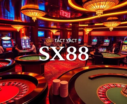 SX88 yacht digital display amidst an upscale casino environment filled with vibrant gaming tables.