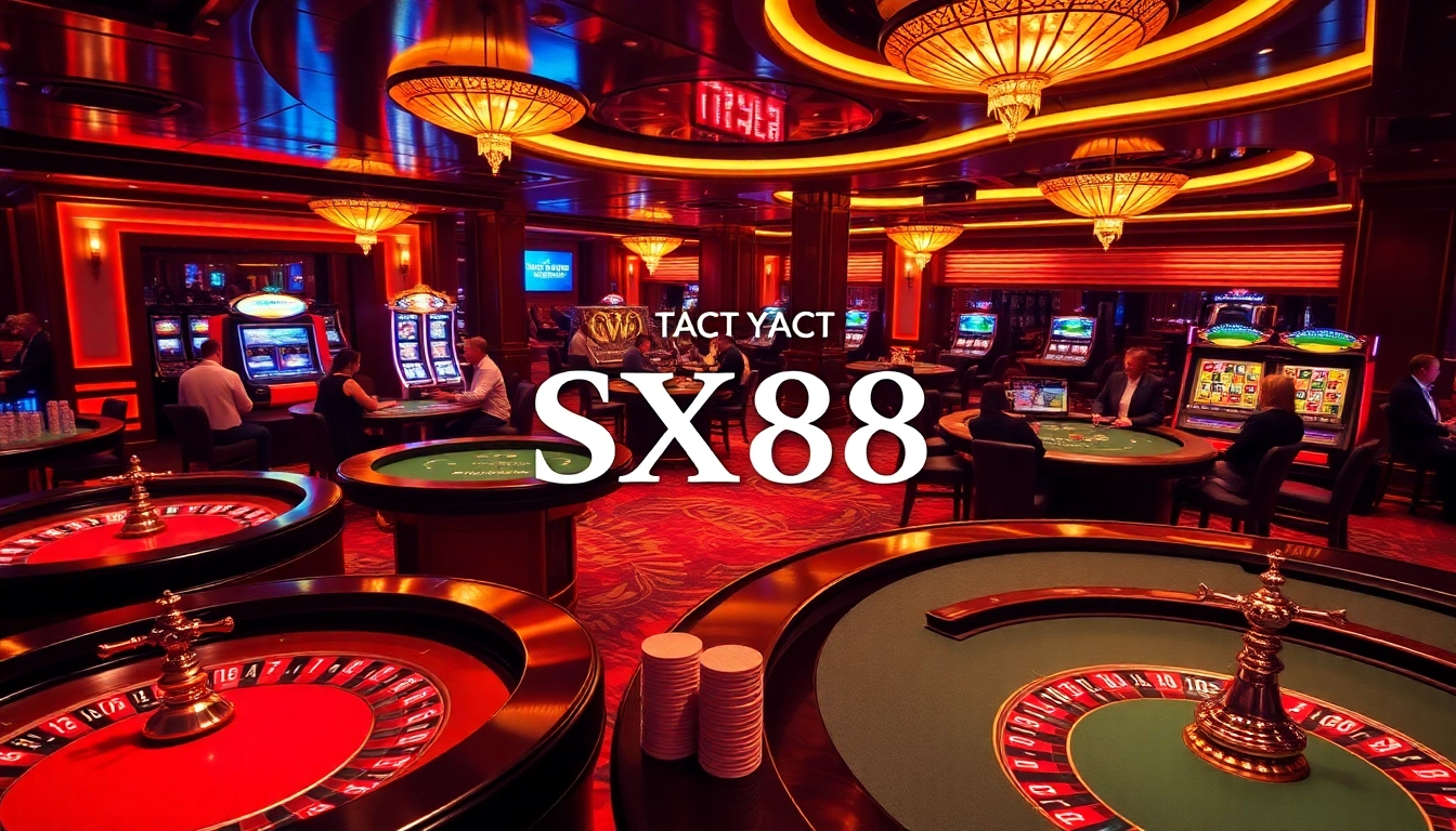 SX88 yacht digital display amidst an upscale casino environment filled with vibrant gaming tables.