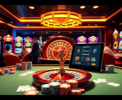 Experience the excitement of gojekpot at a luxurious casino table with poker chips and vibrant slot machines.
