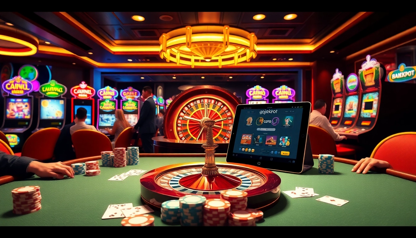 Experience the excitement of gojekpot at a luxurious casino table with poker chips and vibrant slot machines.
