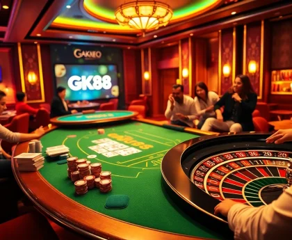 Experience luxury gambling at GK88 casino with vibrant poker tables and roulette wheels.