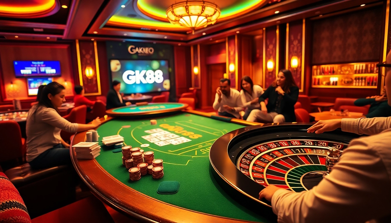 Experience luxury gambling at GK88 casino with vibrant poker tables and roulette wheels.