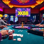 Experience an exciting night at XX88 with vibrant poker chips and roulette wheels.
