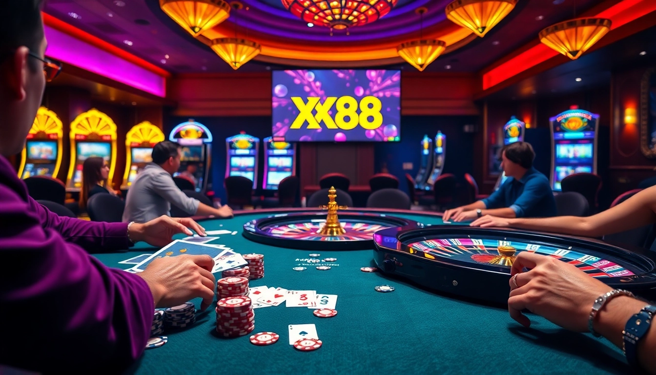 Experience an exciting night at XX88 with vibrant poker chips and roulette wheels.