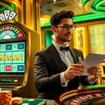 A player enjoys an exciting moment at the QQMacan slot machine surrounded by vibrant poker chips and luxurious casino decor.