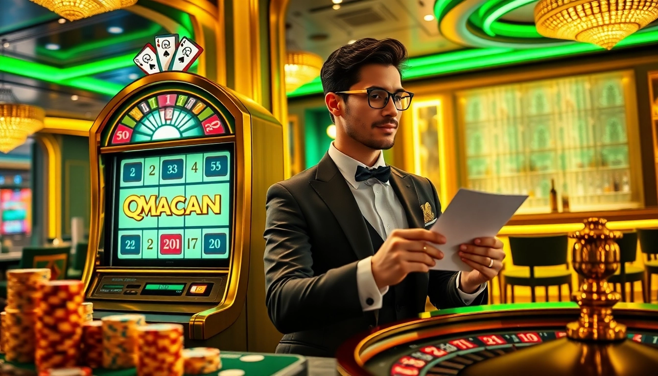 A player enjoys an exciting moment at the QQMacan slot machine surrounded by vibrant poker chips and luxurious casino decor.