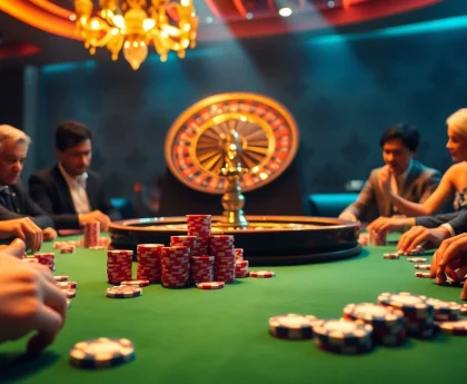Engaged gamblers play poker and explore mb 66 strategies at a vibrant casino table.