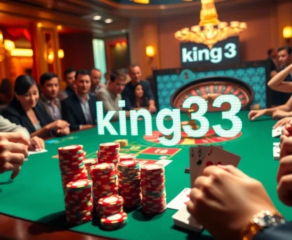 Players revel in a lively game at a casino table adorned with king33 poker chips and winning cards.