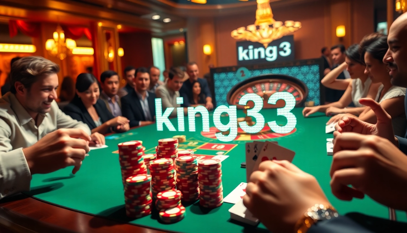 Players revel in a lively game at a casino table adorned with king33 poker chips and winning cards.