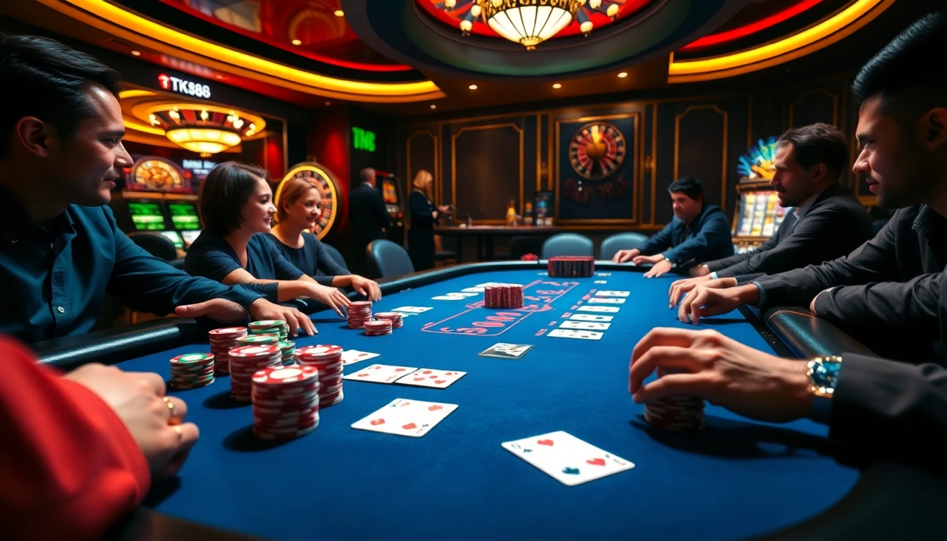 TK88 poker players engaged in a thrilling high-stakes game at an elegant casino table.
