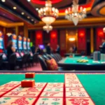 Pemain Mahjong yang terlibat di meja kasino mewah dengan ubin berwarna-warni dan suasana yang meriah.