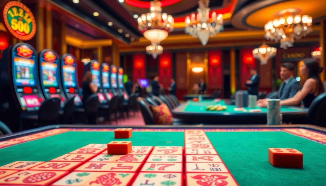 Pemain Mahjong yang terlibat di meja kasino mewah dengan ubin berwarna-warni dan suasana yang meriah.