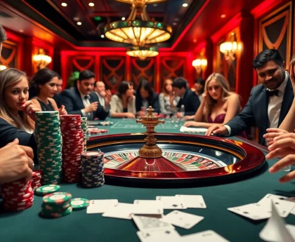 Exciting gaming action at New88bet.us with players engaging around a luxury casino table.