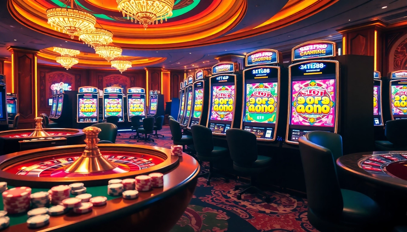 Engaging players at slot api raja 88 amidst glamorous casino decor and vibrant slot machine action.