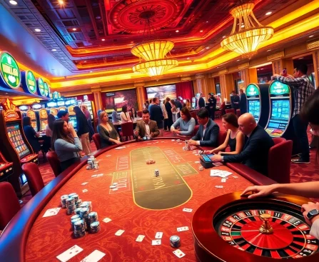 Experience the thrill of QH88 casino games featuring vibrant tables and excited gamblers.