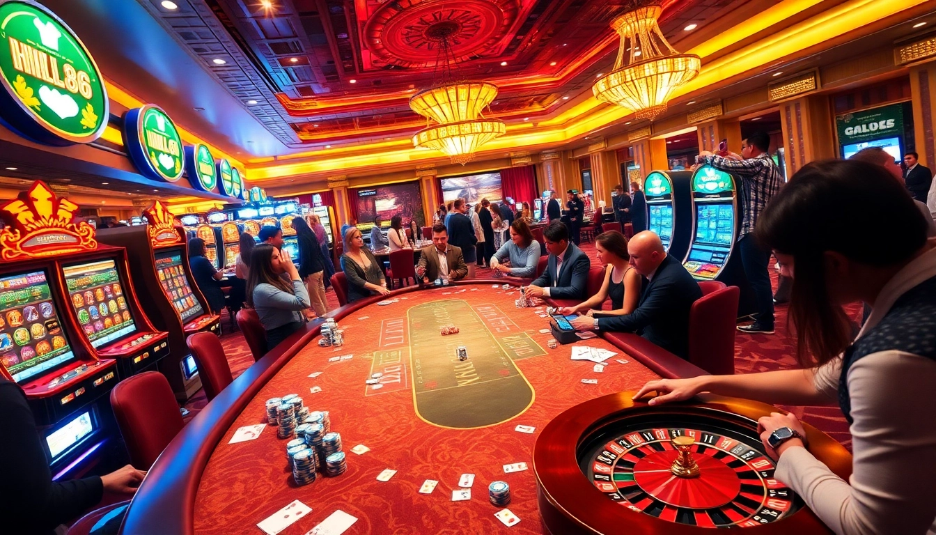 Experience the thrill of QH88 casino games featuring vibrant tables and excited gamblers.